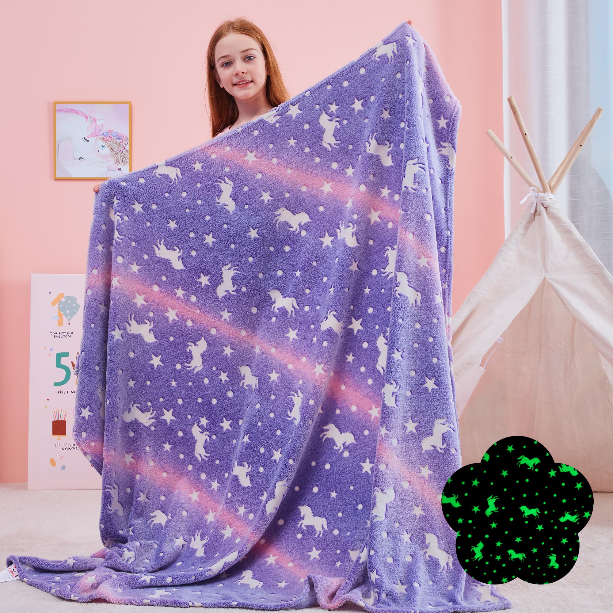 Qsteheml Unicorns Glow In The Dark Blanket For Girls,Unicorns Gifts For Girls Age 3 4 5 6 7 8 9 10 11 12 Year Old, Soft Girls Bl